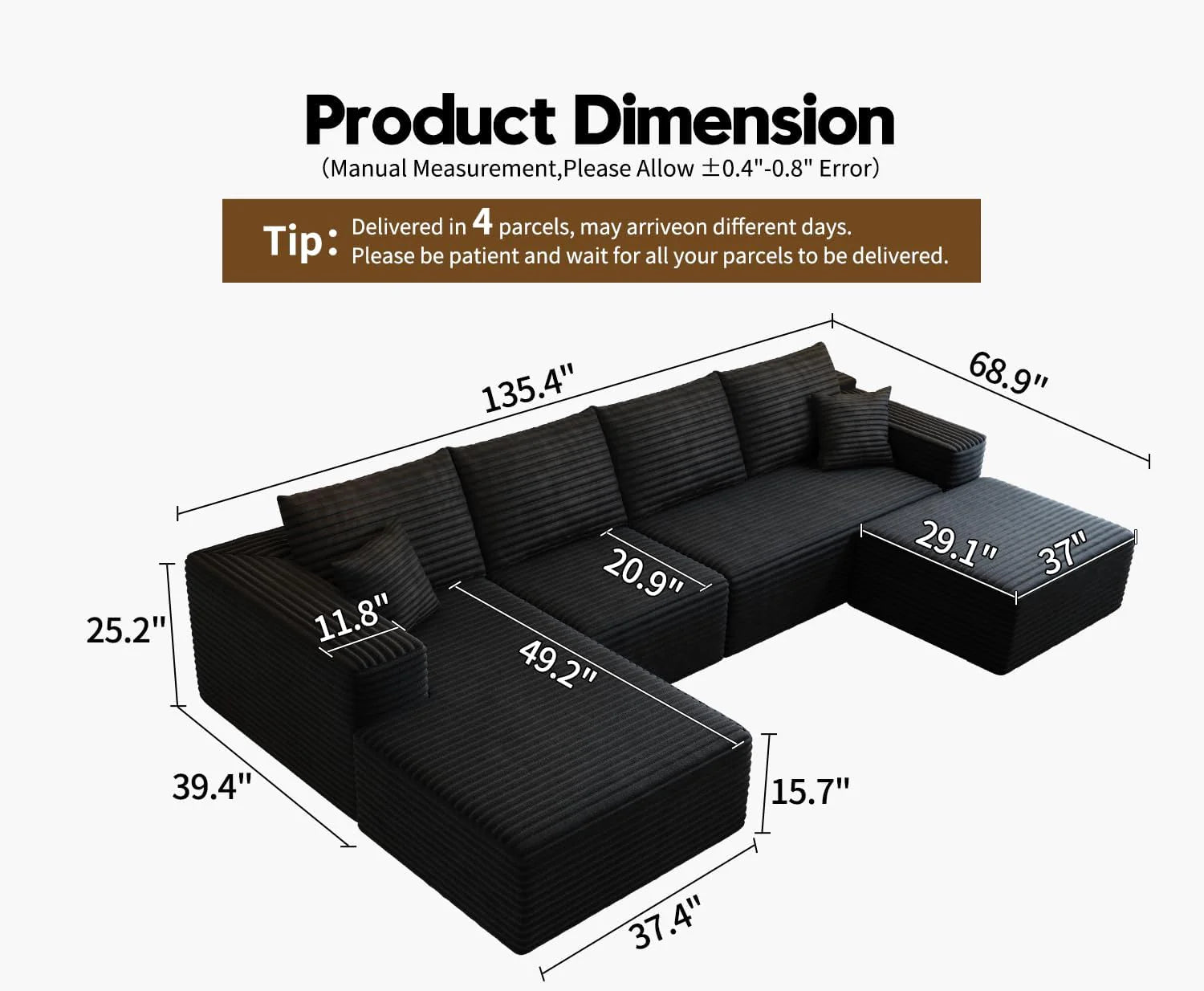 107.5" Cloud Modular Sectional Sofa Couch with L-Shape Chaise,Modern Minimalist Upholstered Couches