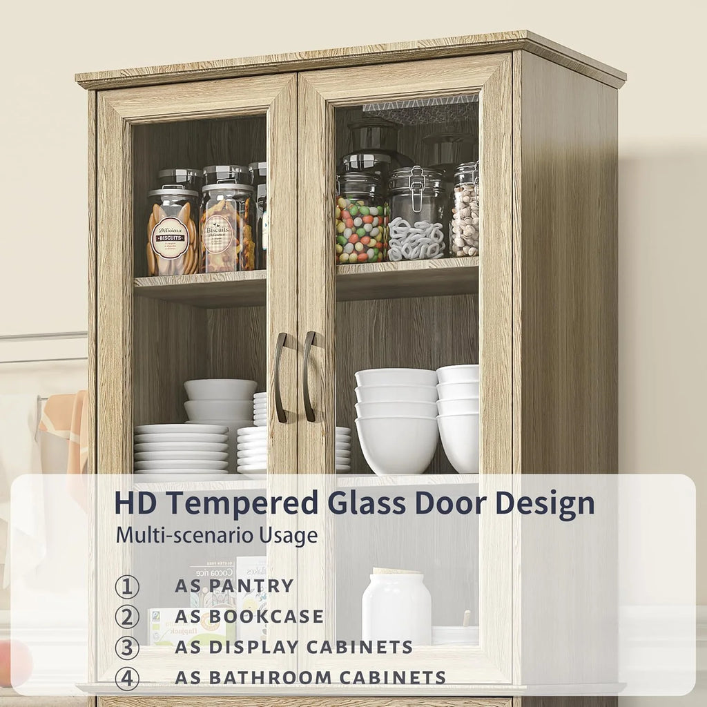 Kitchen Hutch Pantry Cabinet 71" Tall with Glass Doors