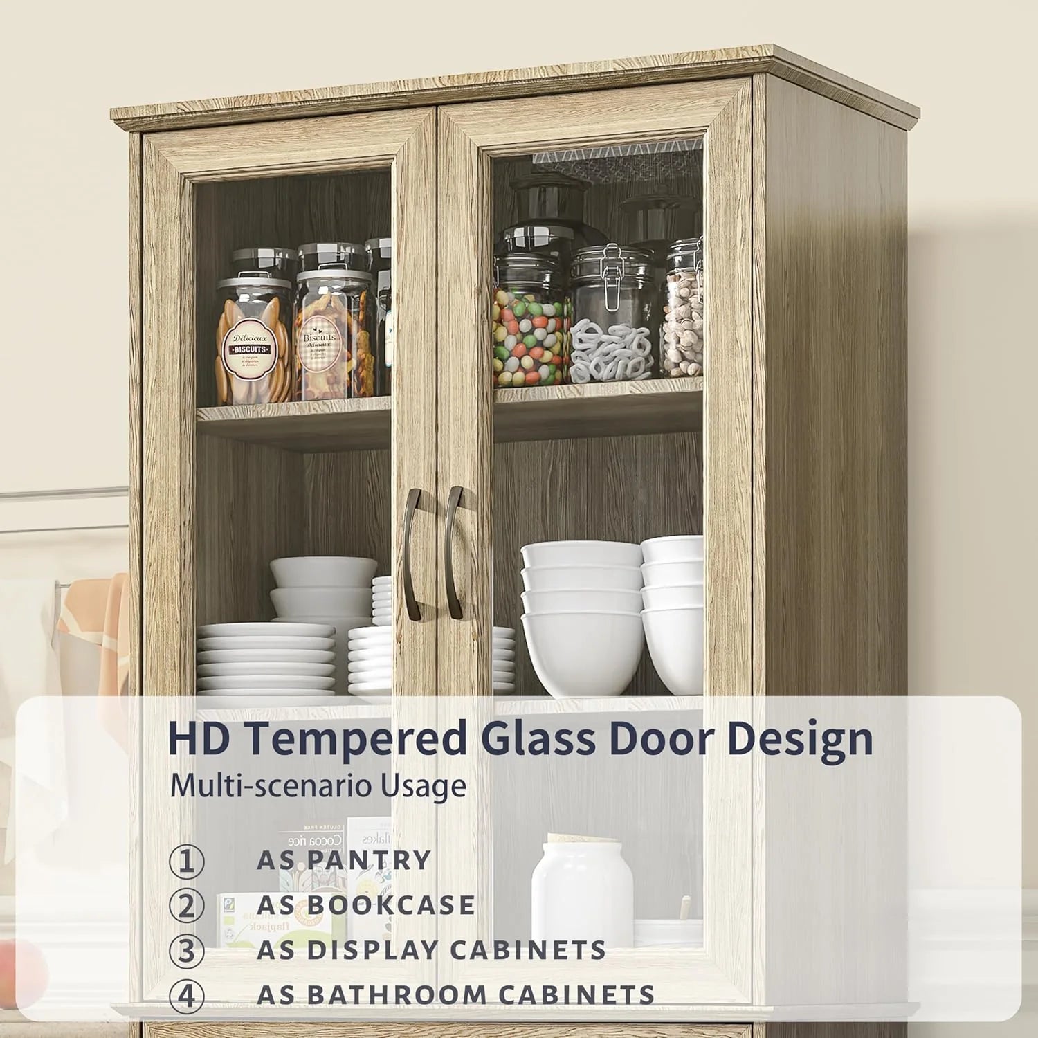 Kitchen Hutch Pantry Cabinet 71" Tall with Glass Doors