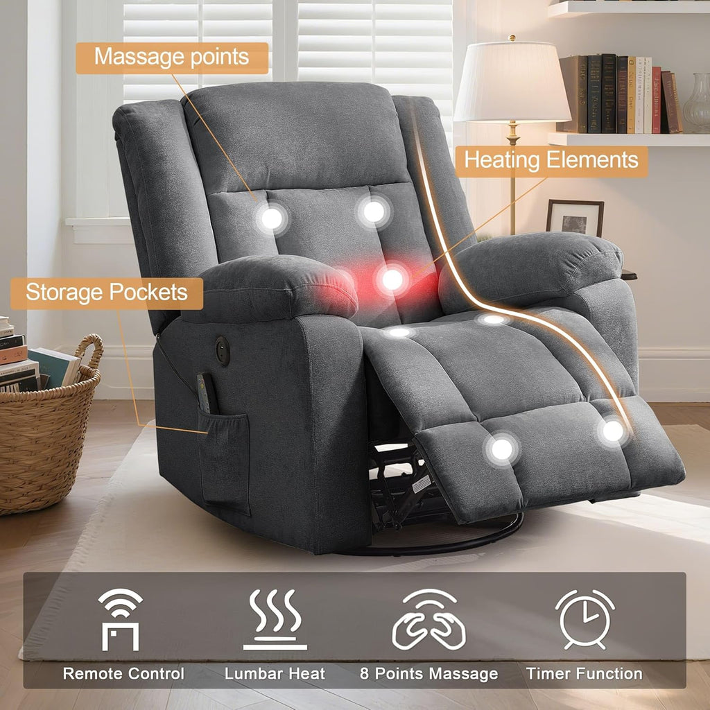 Rocker Recliner, Glider Recliner Chairs for Adults, 360° Swivel Rocking Chair with Massage and Heating, Nursery Chair