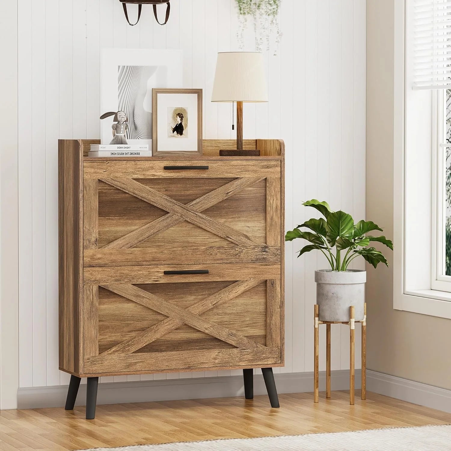 32" wide farmhouse shoe cabinet with 2 flip-top drawers and barn door design, adjustable shelves