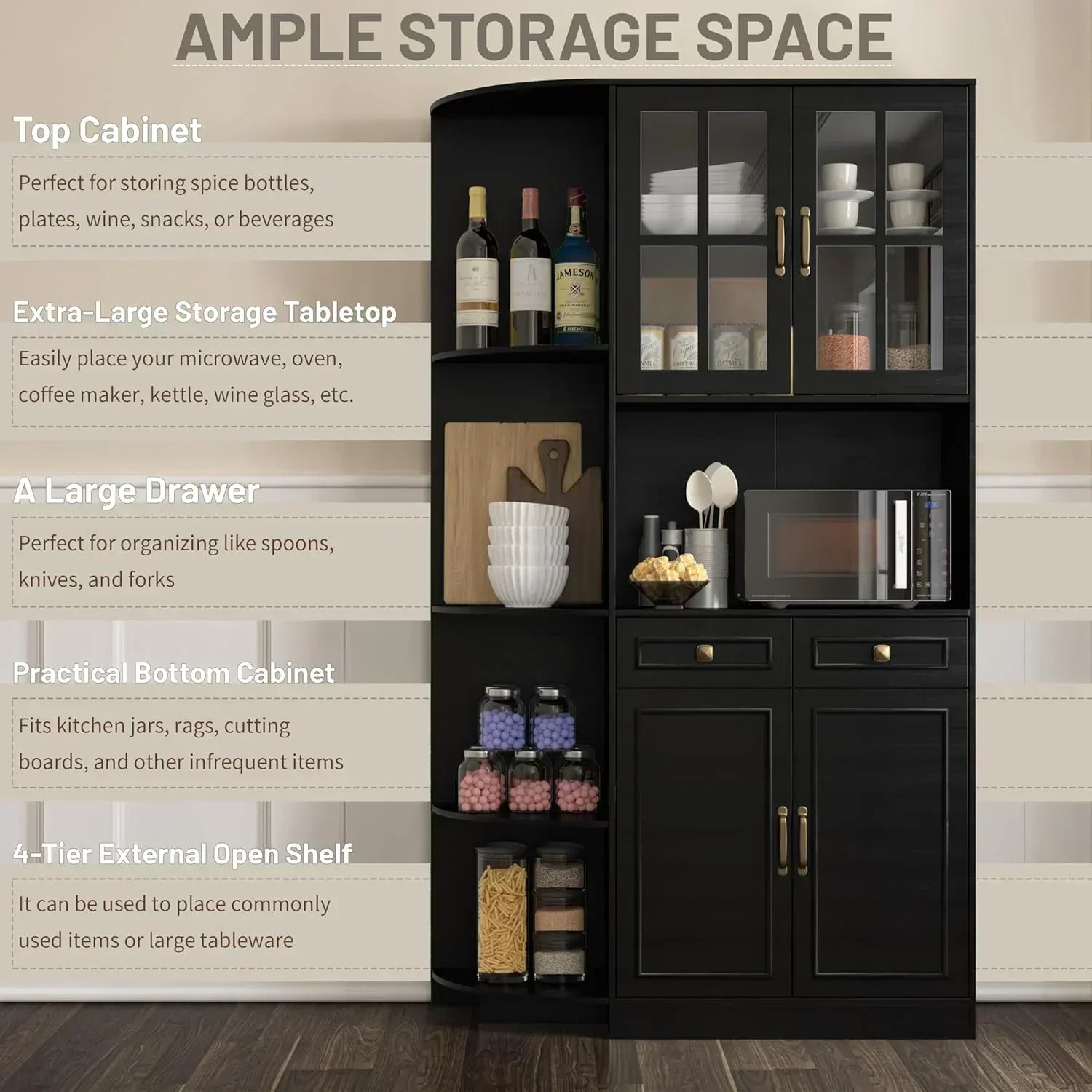Kitchen Hutch Pantry Cabinet 71" Tall with Glass Doors