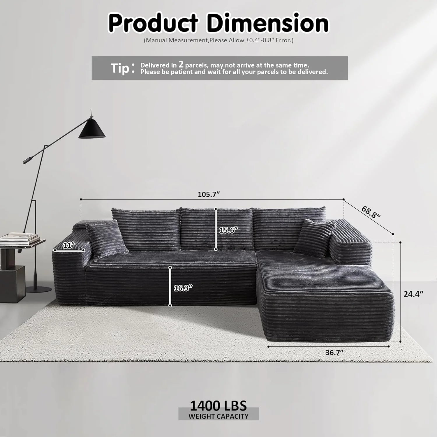 Ovios 104" Cloud Section Sofa L-shaped lounge chair, modern modular sofa