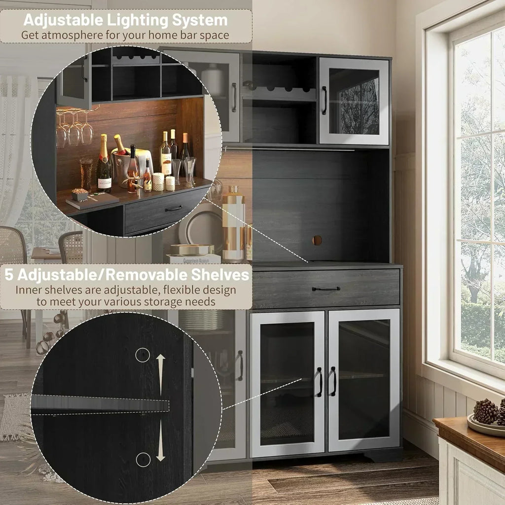 Kitchen Hutch Pantry Cabinet 71" Tall with Glass Doors