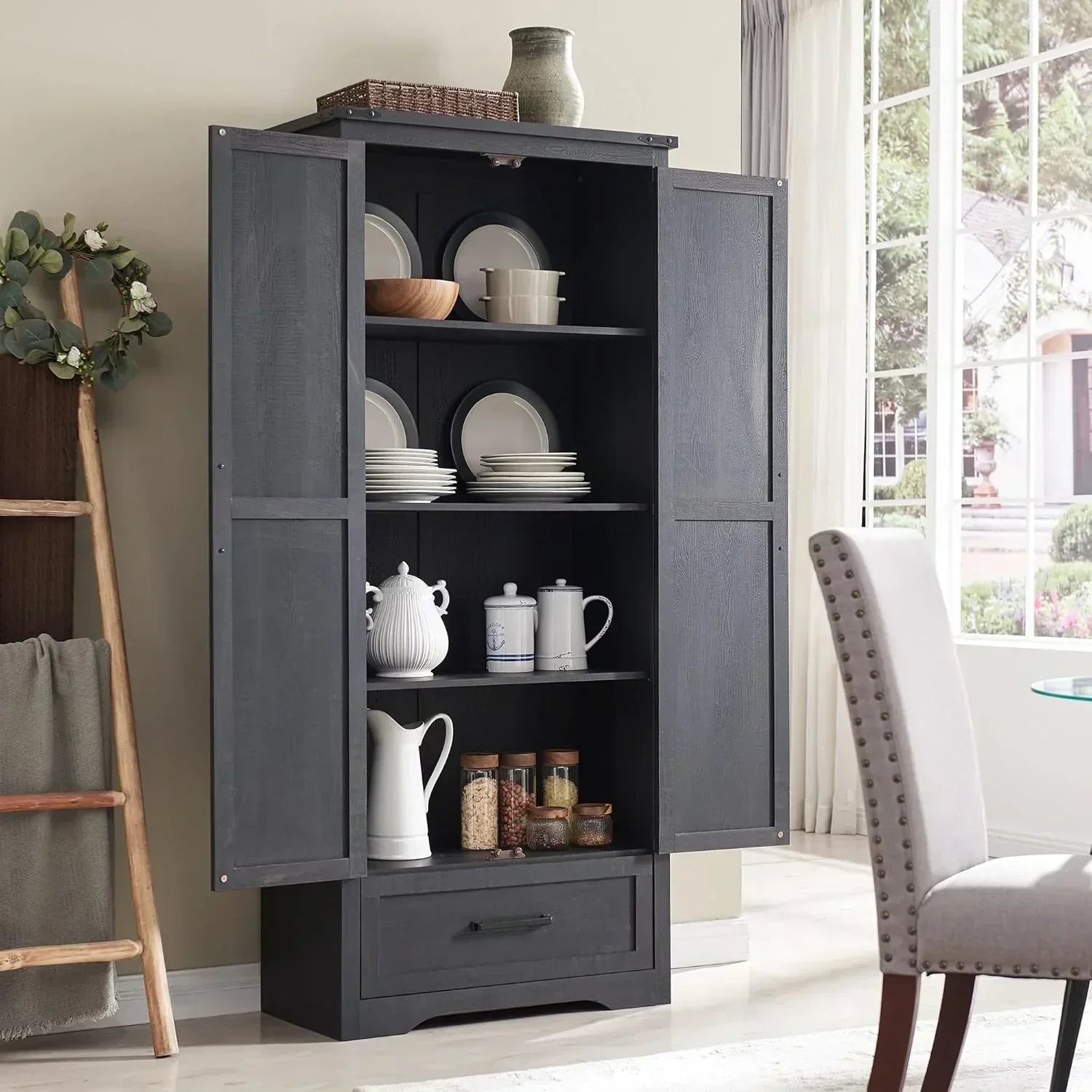 JXQTLINGMU Farmhouse Kitchen Pantry 72" Tall Wood Kitchen Storage Cabinet Adjustable Shelves