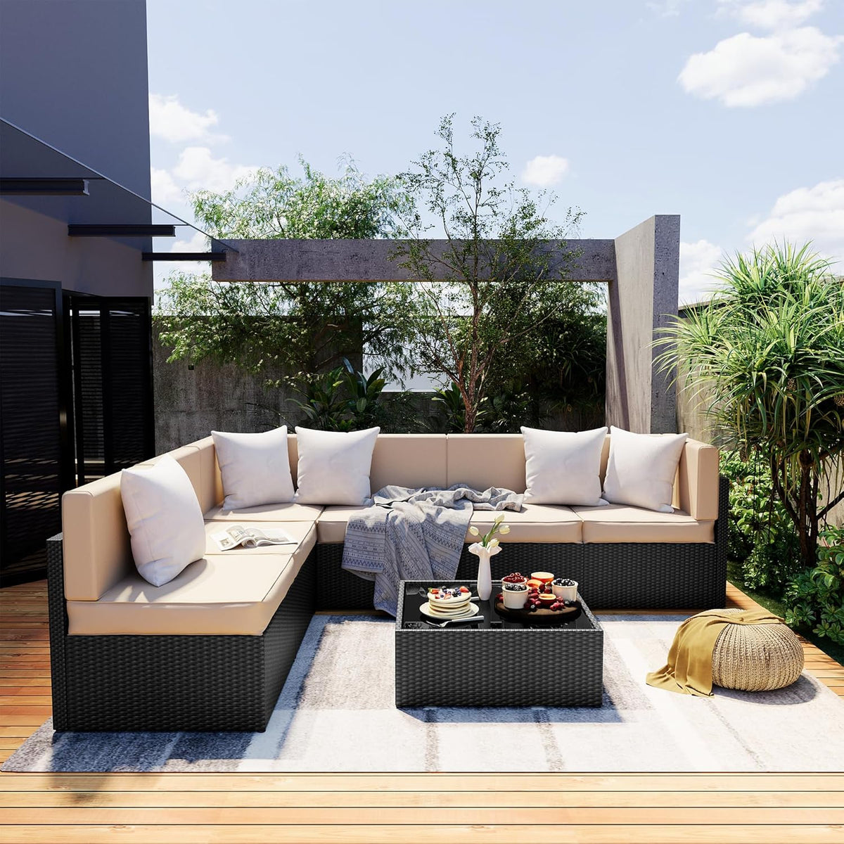 Pamapic 7-Piece Outdoor Sectional Furniture Set, All-Weather Wicker Patio Sofa with Washable Cushions, Gray Waterproof Rattan Conversation Set for Backyard, Poolside, Garden (Gray Cushions)