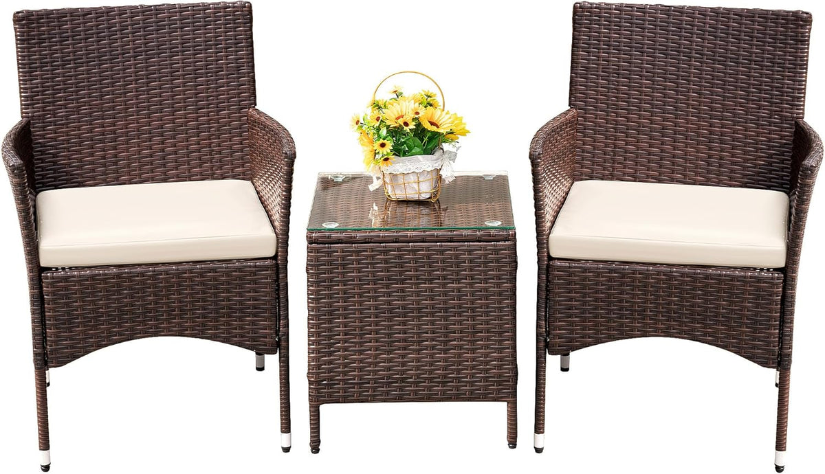 Devoko Patio Porch Furniture Sets 3 Pieces PE Rattan Wicker Chairs Outdoor Garden Furniture Sets