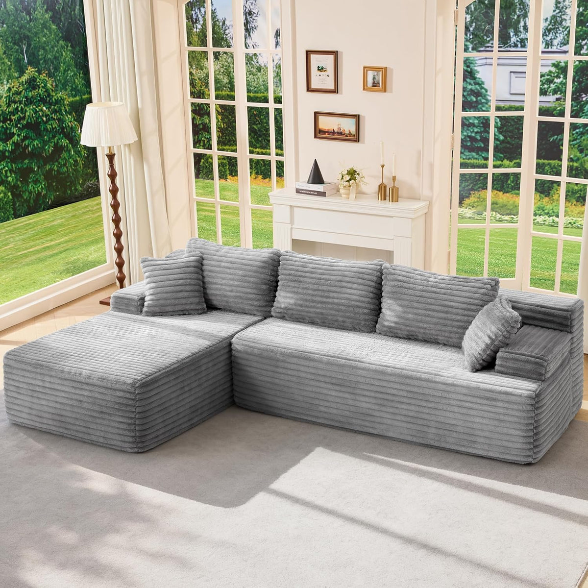 Modular Sectional Sofa Couches L-Shape Couch 3 Seat Modular Sofa Memory Foam Sectional Couches for Living Room, Cloud Couch with Oversized Chaise (Grey Stripe, 96" Left Facing Chaise)