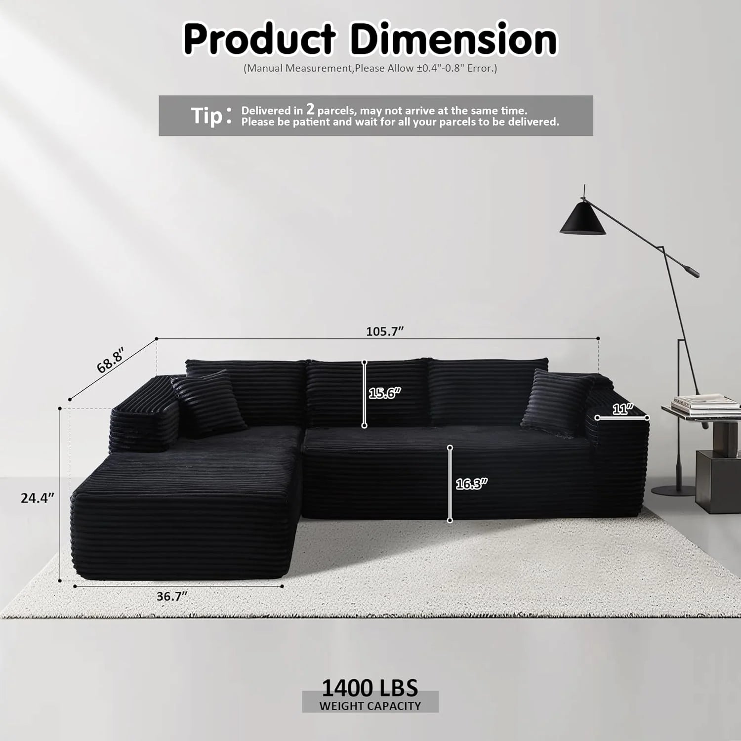 Ovios 104" Cloud Section Sofa L-shaped lounge chair, modern modular sofa