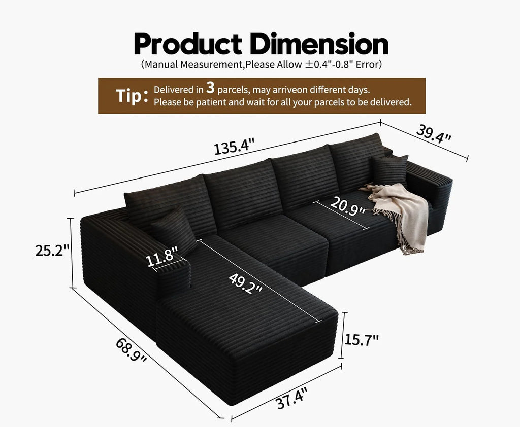 107.5" Cloud Modular Sectional Sofa Couch with L-Shape Chaise,Modern Minimalist Upholstered Couches