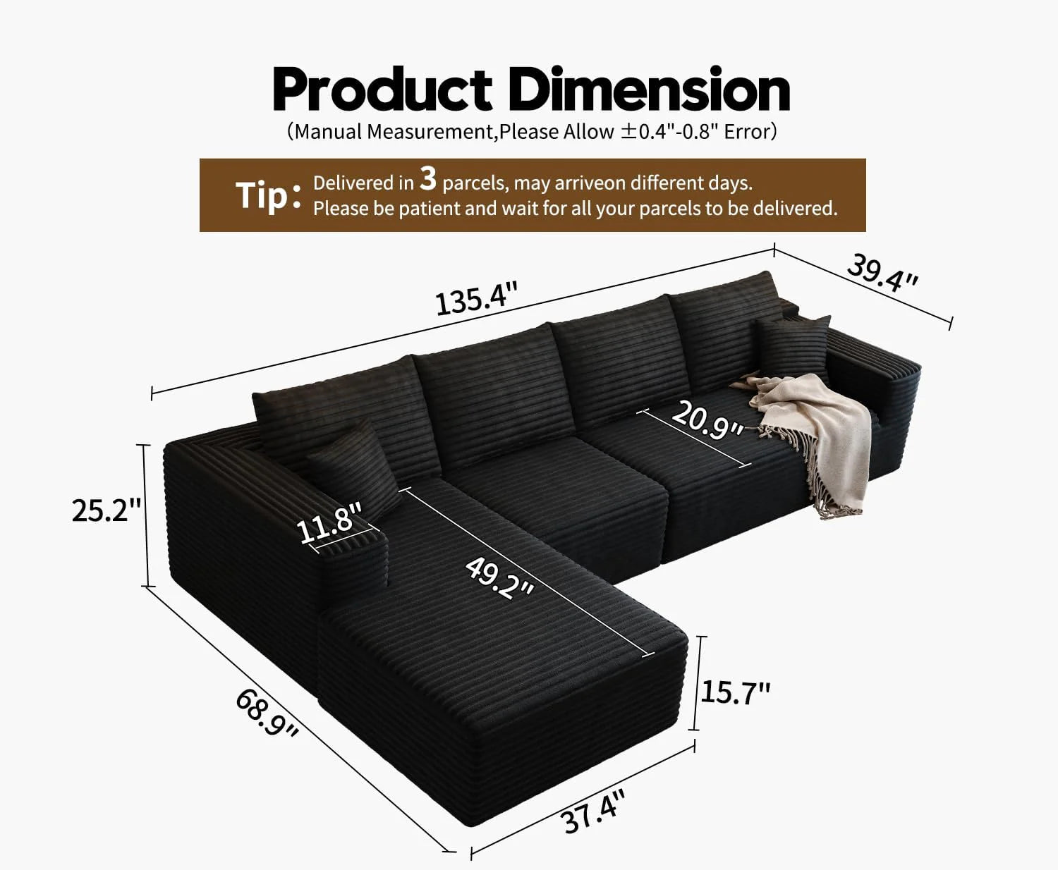107.5" Cloud Modular Sectional Sofa Couch with L-Shape Chaise,Modern Minimalist Upholstered Couches