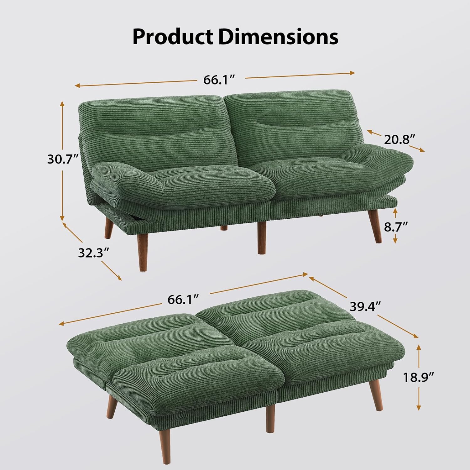Pipishell Convertible Futon Sofa Bed,66" Corduroy Futon Couch with Adjustable Backrest and Armrests, Recliner Sleeper Sofa for Small Spaces, Play Room or Office, Grey