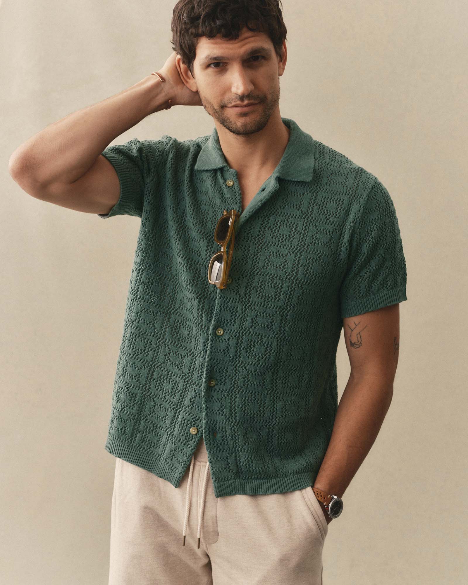 The Monterey Sweater Polo in Deep Sea Geo Crochet